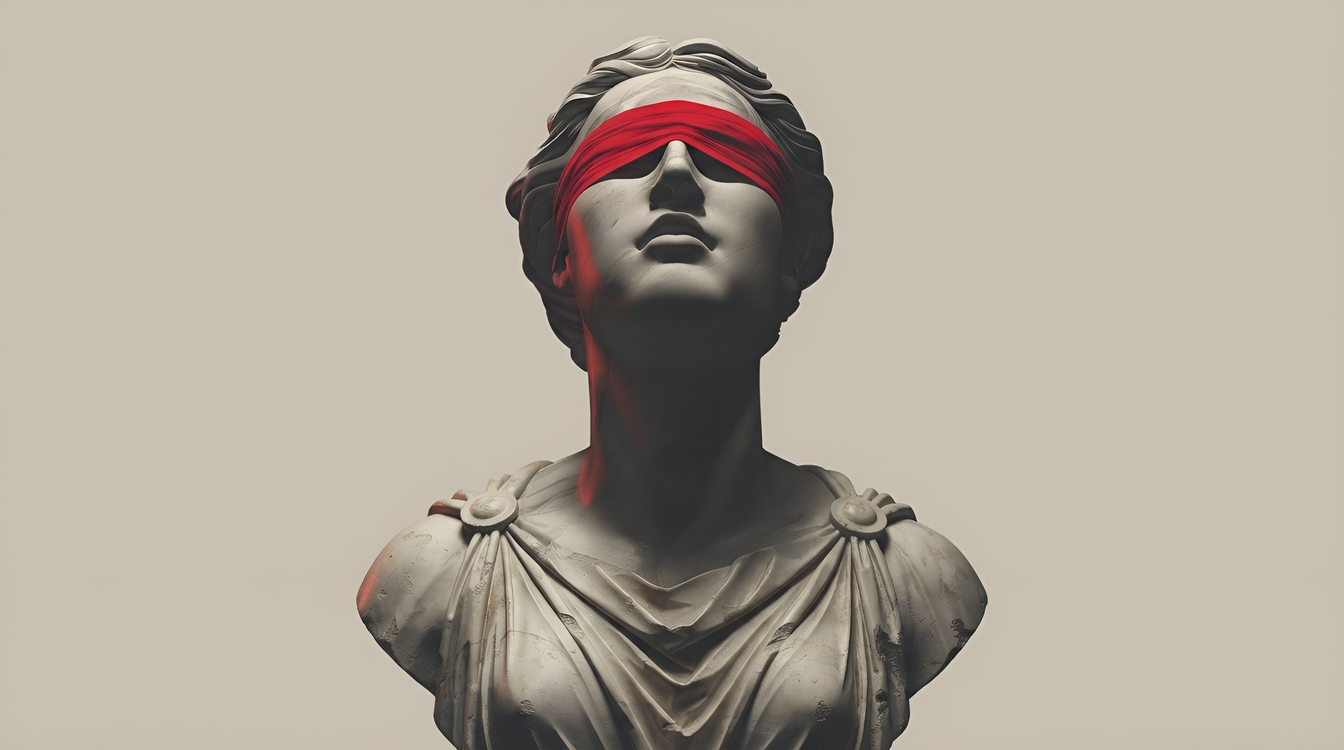 Marble statue wearing a red blindfold